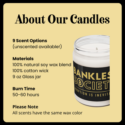 Scented soy candle with 50-60 hour burn time, 100% natural soy wax blend.