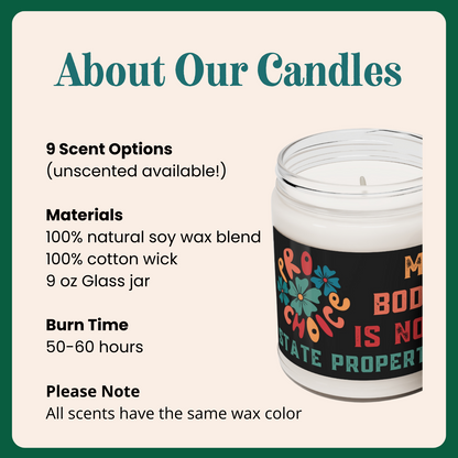 Scented soy candle with 50-60 hour burn time, 100% natural soy wax blend. Unscented available, as well. 