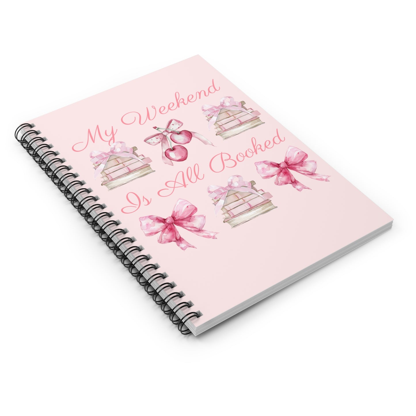 "My Weekend Is All Booked" coquette style spiral notebook. Has blank, lined pages and is a perfect gift for book lovers, bibliophiles, and librarians. Take school notes, make TBR lists, and so much more.