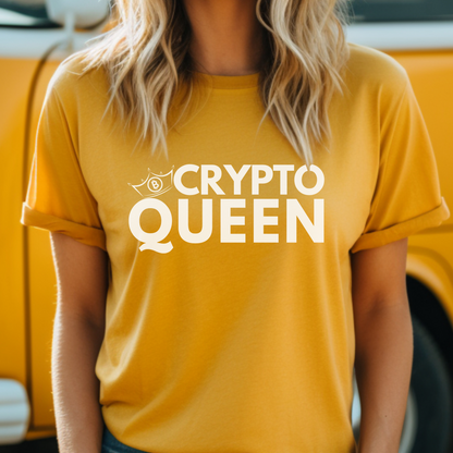 Mustard Bella Canvas 3001 T-shirt that says "Crypto Queen" with a crown and bitcoin symbol. It's the perfect gift for women in finance, supports of blockchain technology, and crypto currency.