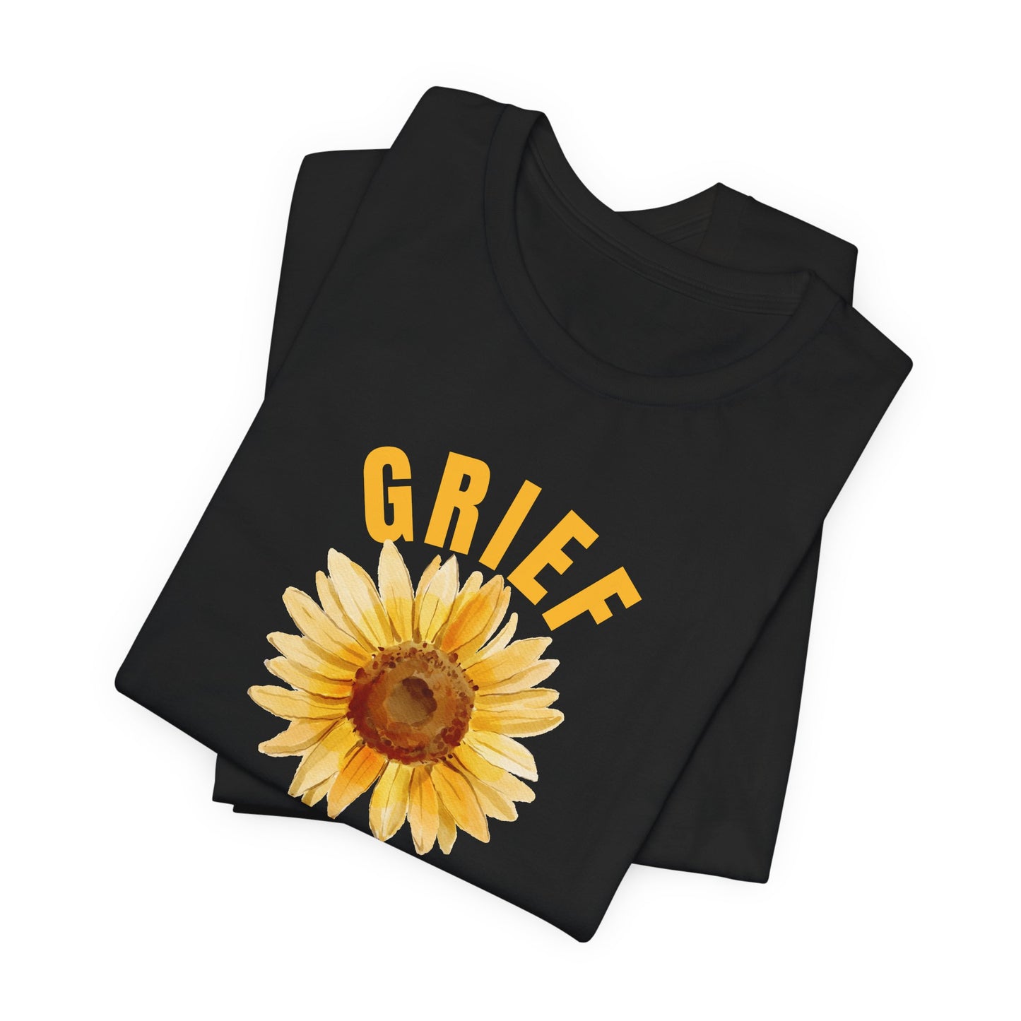 Black Bella Canvas 3001 t-shirt. Grief Survivor message with sunflower design.