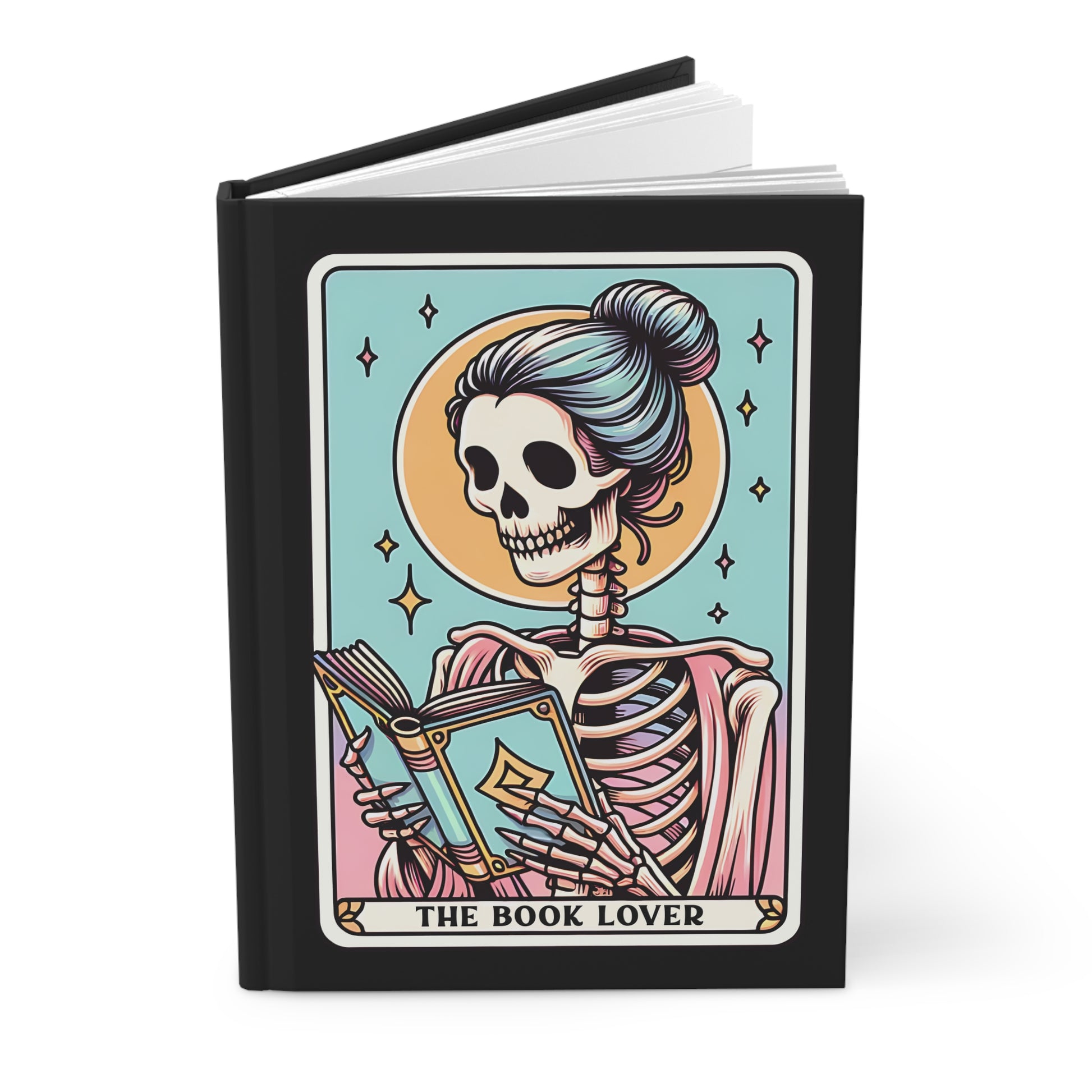 150 page Hardcover Journal for reading lovers. Includes a Tarot Card themed graphic for "The Book Lover" with a skeleton reading - front and back cover print. Lined, blank, perforated pages - makes a cute gift for bookish girlfriends, teachers, English majors, and avid readers.