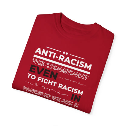 Red anti-racism commitment t-shirt.