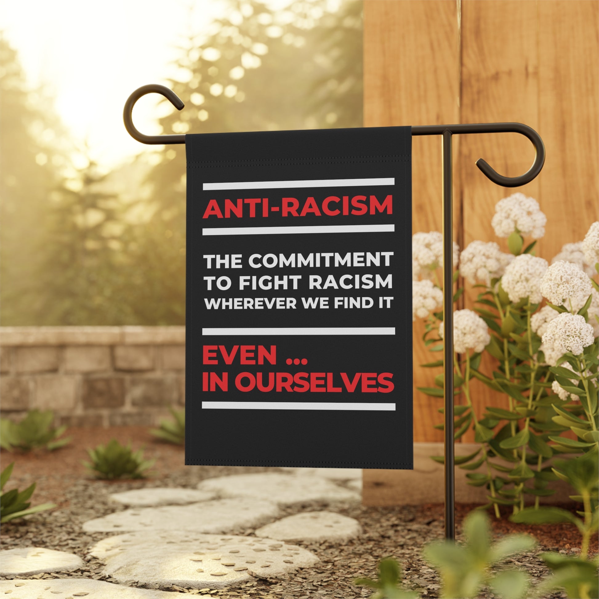 Black anti-racism garden flag to show your support for diversity and inclusion. Take a stand against all forms of discrimination.