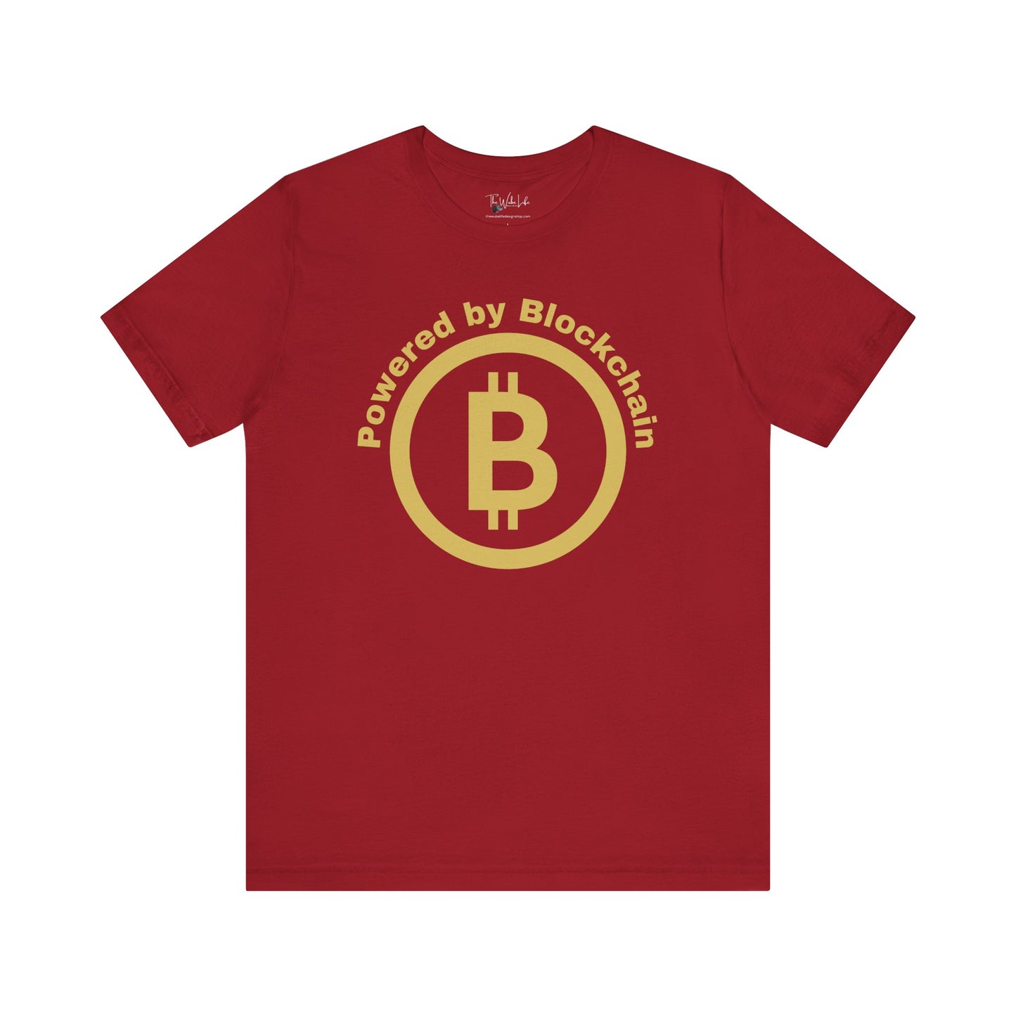 Canvas Red unisex Bella Canvas 3001 T-shirt that says "Powered by Blockchain" with a large Bitcoin on it. Makes a perfect couples shirt or gift for men or women in finance, crypto currency investors and supporters of Blockchain technology.