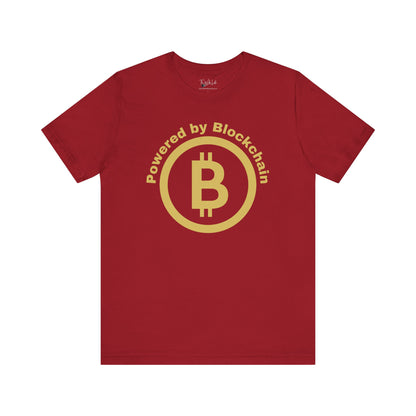 Canvas Red unisex Bella Canvas 3001 T-shirt that says "Powered by Blockchain" with a large Bitcoin on it. Makes a perfect couples shirt or gift for men or women in finance, crypto currency investors and supporters of Blockchain technology.