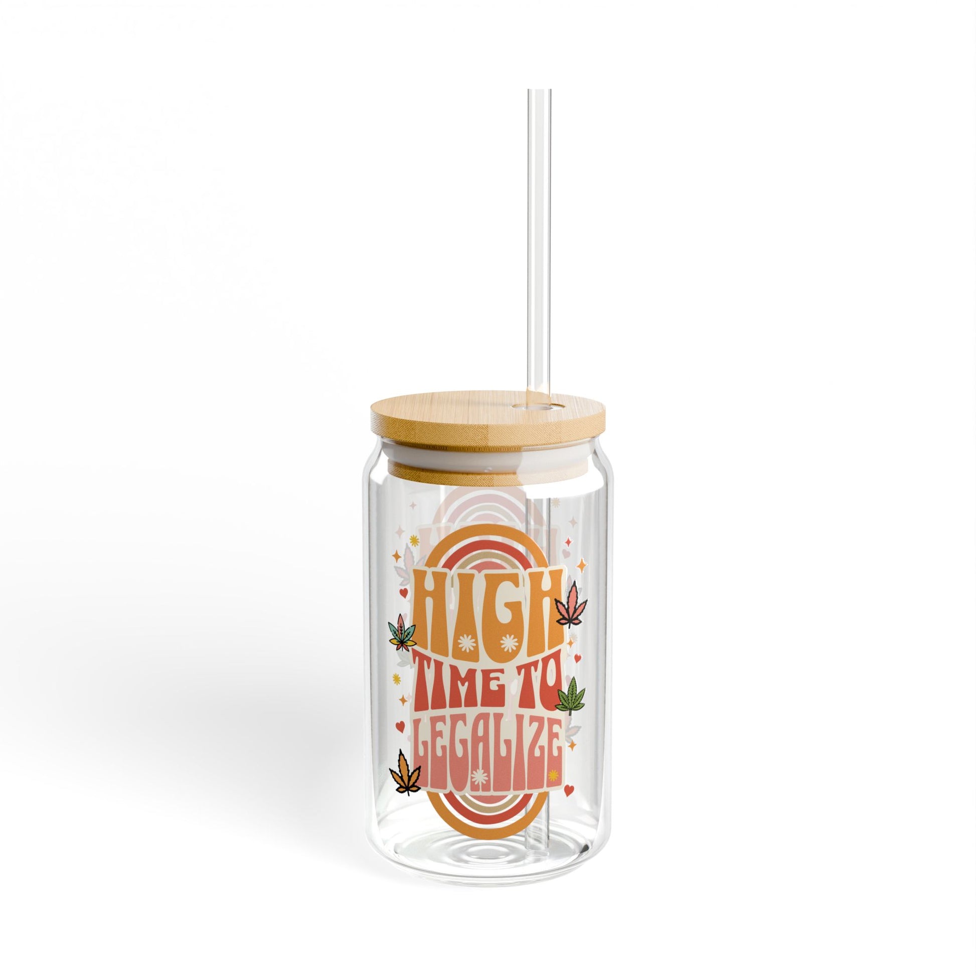 Glass Sipper Cup with Bamboo lid and reusable straw, featuring a retro design and the saying High Time To Legalize. Cute funny gift for progressive liberal friend and family. Unique Christmas stocking stuffer.