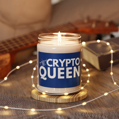 9 oz reusable glass jar candle that says "Crypto Queen" with a Bitcoin crown. Blue Label with white font. Makes a great gift or housewarming present for women in finance, digital banking, and Bitcoin/Crypto Currency enthusiasts.