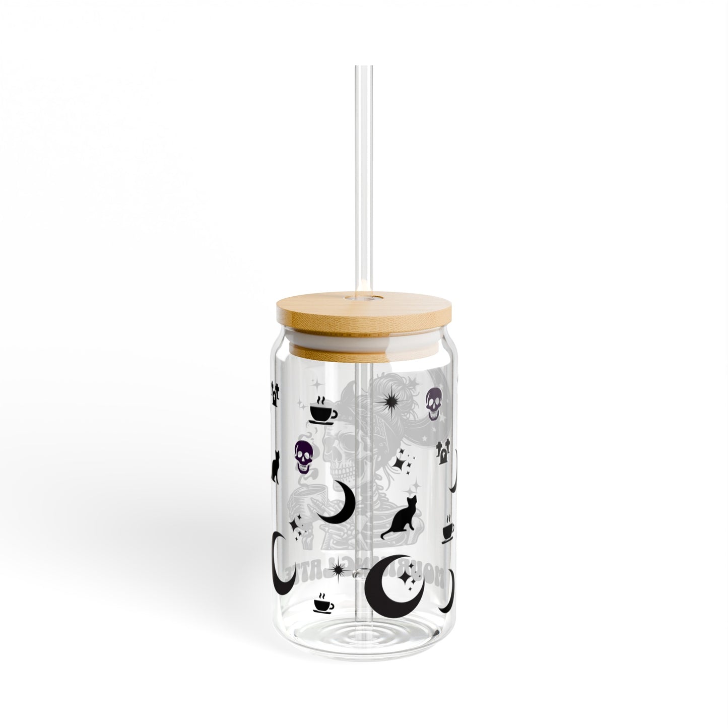 Clear glass tumbler with straw and lid - "Mourning Latte" design with skeleton, skull drinking coffee, moon, cats and stars. A good gift for a grieving friend.