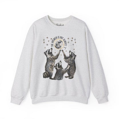 Ash Gildan 18000 Sweatshirt with large raccoon and moon/stars graphic that says "The Answer Is Not Always 'C'" - funny meme crewneck for teachers. Great gift for education grad or major, new teacher, educators, etc. Weird teachers goblincore.