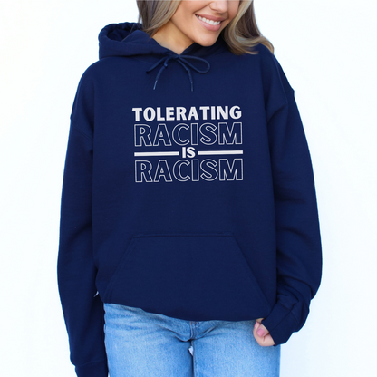 Gildan 18500 hooded sweatshirt in navy with an anti-racism design. Let this hoodie spark important conversations about equality and the need to actively oppose racism in all its forms.