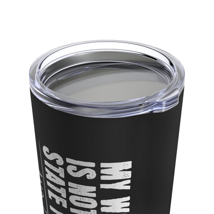 This stainless steel 20 oz tumbler with clear lid, black background and white print is ideal for progressive rally and protest attendees. Buy in quantities, and let everyone stand in solidarity.