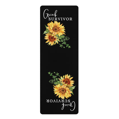 Black rubber yoga mat with a Grief Survivor Sunflower design, created to provide inspiration and comfort during your healing exercises and meditations.