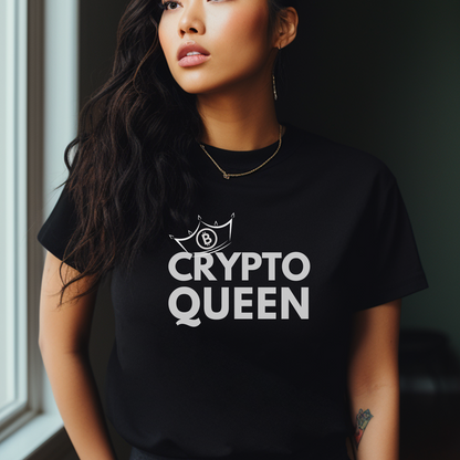 Black Crypto Queen Bella Canvas T-Shirt. The perfect gift for women in the crypto currency space.