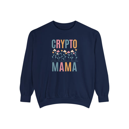 Crypto Mama Comfort Colors 1566 sweatshirt in color true navy designed for Bitcoin moms.