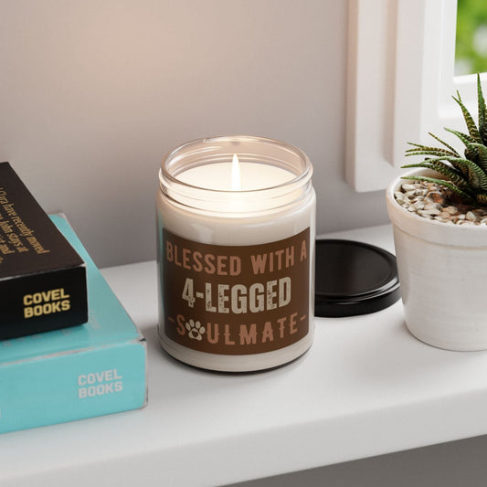 Blessed With A 4-legged Soulmate scented soy candle. White wax with a clear glass jar and cotton wick, this candle is the perfect gift for a dog lover or pet owner in your life. 