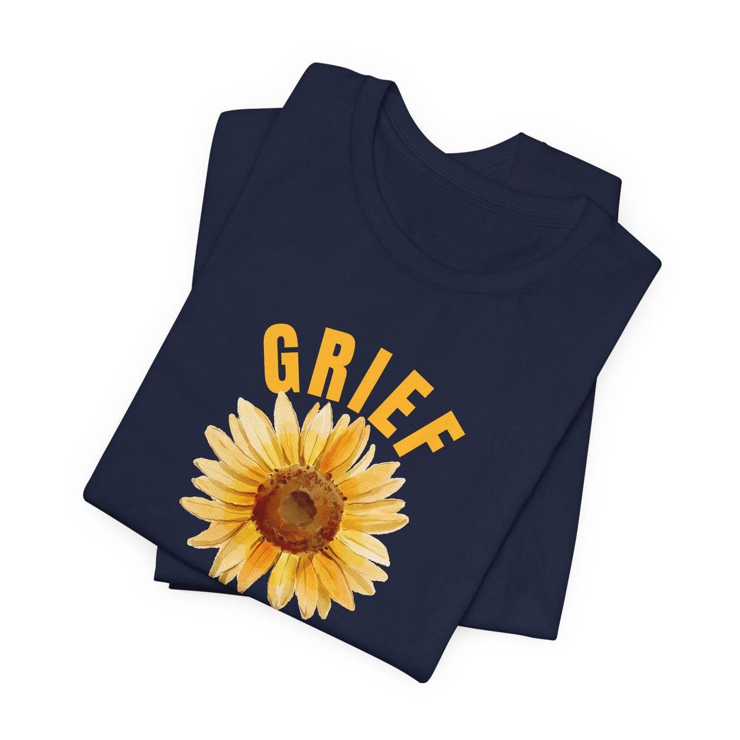 Navy Bella Canvas 3001 t-shirt. Grief Survivor message with sunflower design.