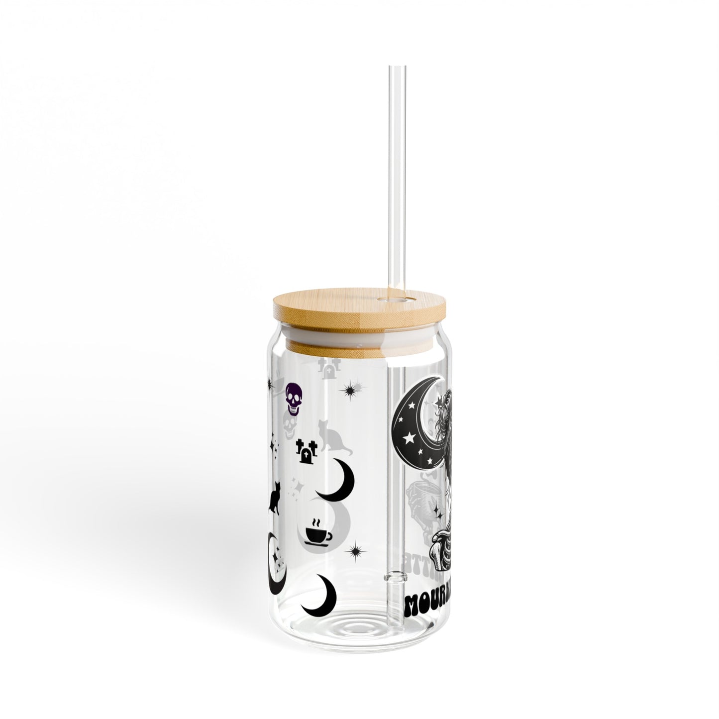 Sip slowly and grieve gently with our clear glass "Mourning Latte" tumbler with straw and lid. 16 ounces and features a skeleton drinking coffee with other small black graphics.