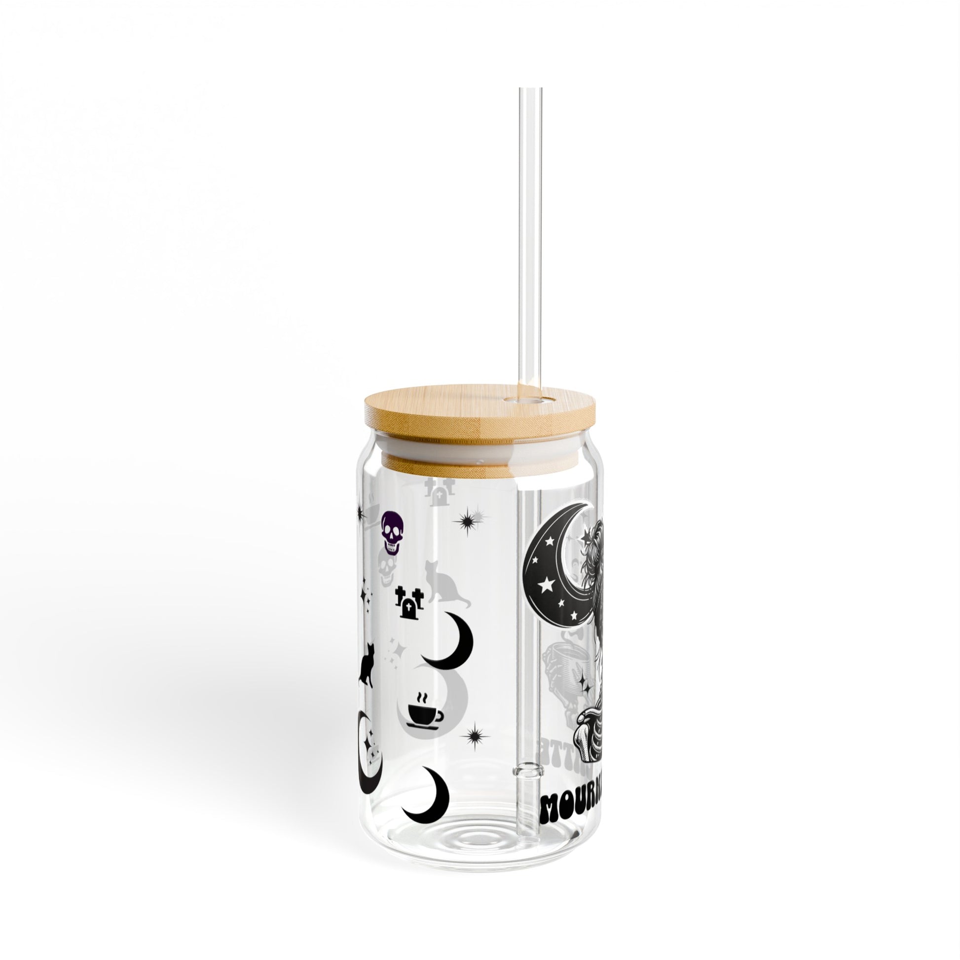 Sip slowly and grieve gently with our clear glass "Mourning Latte" tumbler with straw and lid. 16 ounces and features a skeleton drinking coffee with other small black graphics.