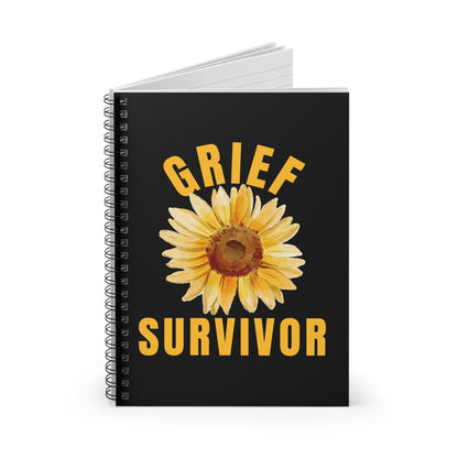 Grief Survivor notebook with a graphic sunflower and inspiring, compassionate, message: Grief Survivor. 