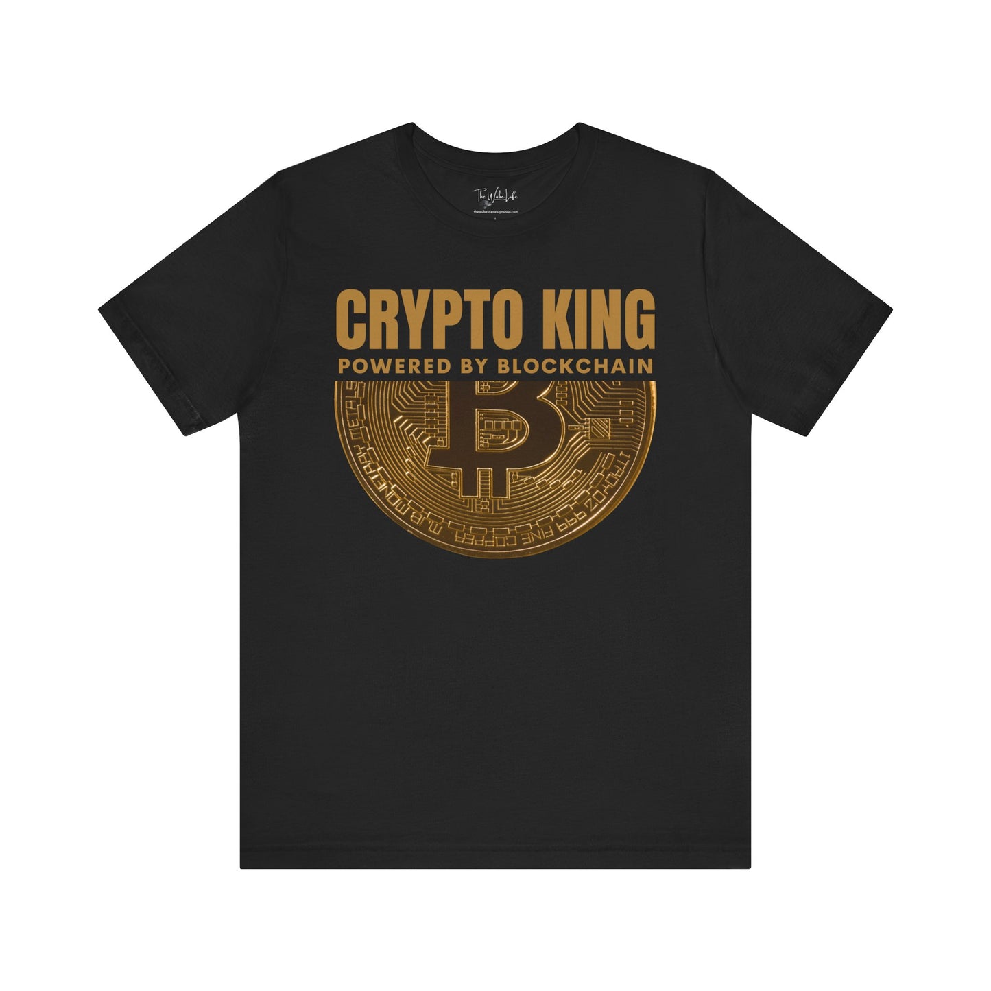 Black Crypto King Bella Canvas 3001 T-shirt with a large gold Bitcoin graphic - "Powered By Blockchain". Perfect gift for men in finance, crypto currency investors, team Satoshi and Saylor supporters, anyone who believes the future of banking is in digital currency.