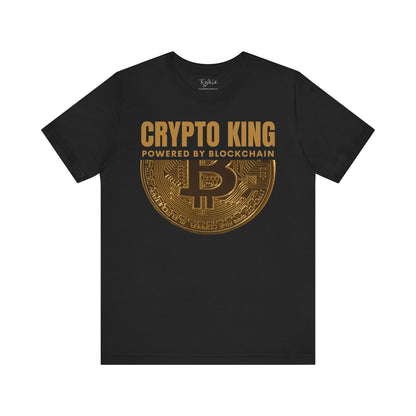 Black Crypto King Bella Canvas 3001 T-shirt with a large gold Bitcoin graphic - "Powered By Blockchain". Perfect gift for men in finance, crypto currency investors, team Satoshi and Saylor supporters, anyone who believes the future of banking is in digital currency.