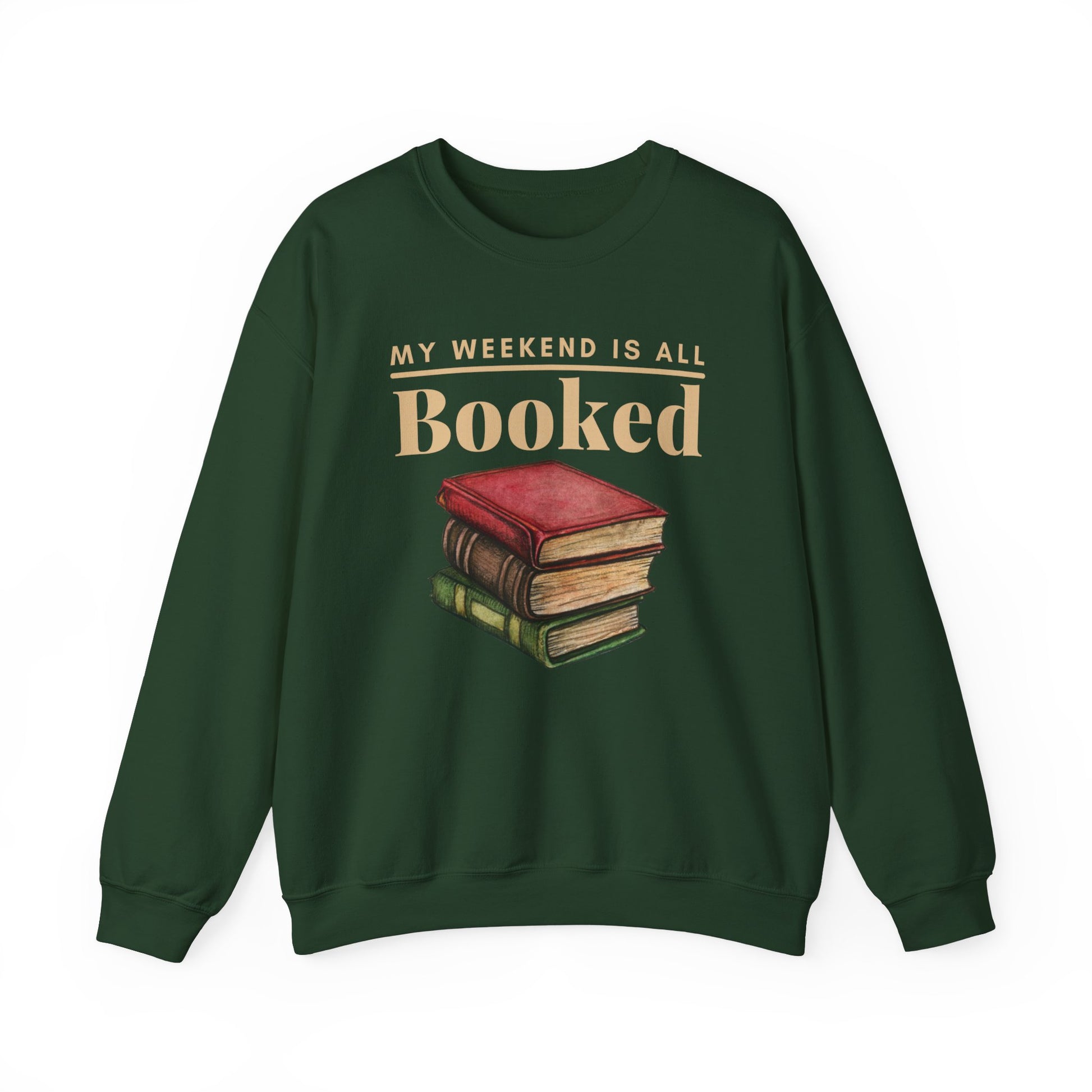 Forest Green Gildan 18000 book-themed sweatshirt.