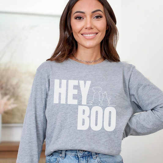 Athletic Heather Bella Canvas 3501 Long Sleeve t-shirt that says "Hey Boo" with a dog and cat silhouette. Perfect gift for a dog or cat lover, or pet owner.