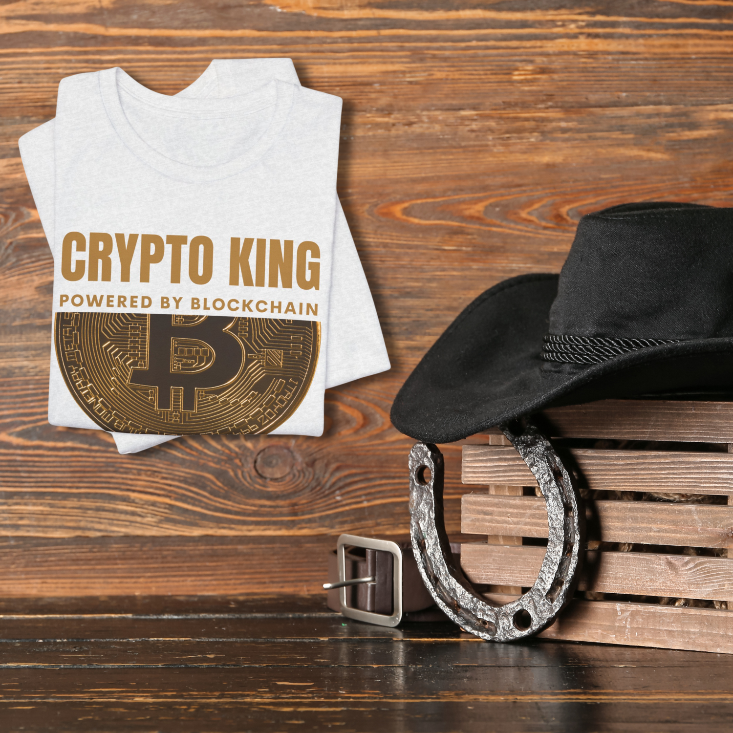 Crypto King t-shirt in color Ash. Digital currency clothing for bitcoin enthusiast.