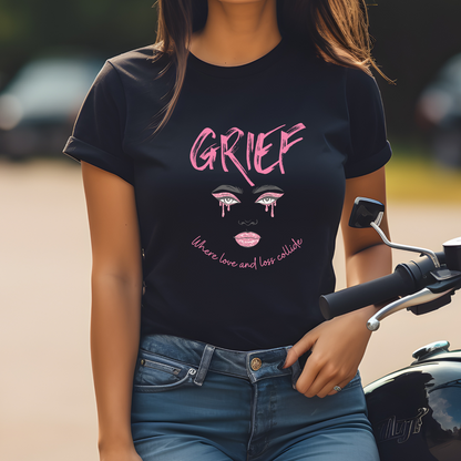 Black Bella Canvas 3001 t-shirt with a grieving graphic and the message, "Grief, Where Love and Loss Collide."