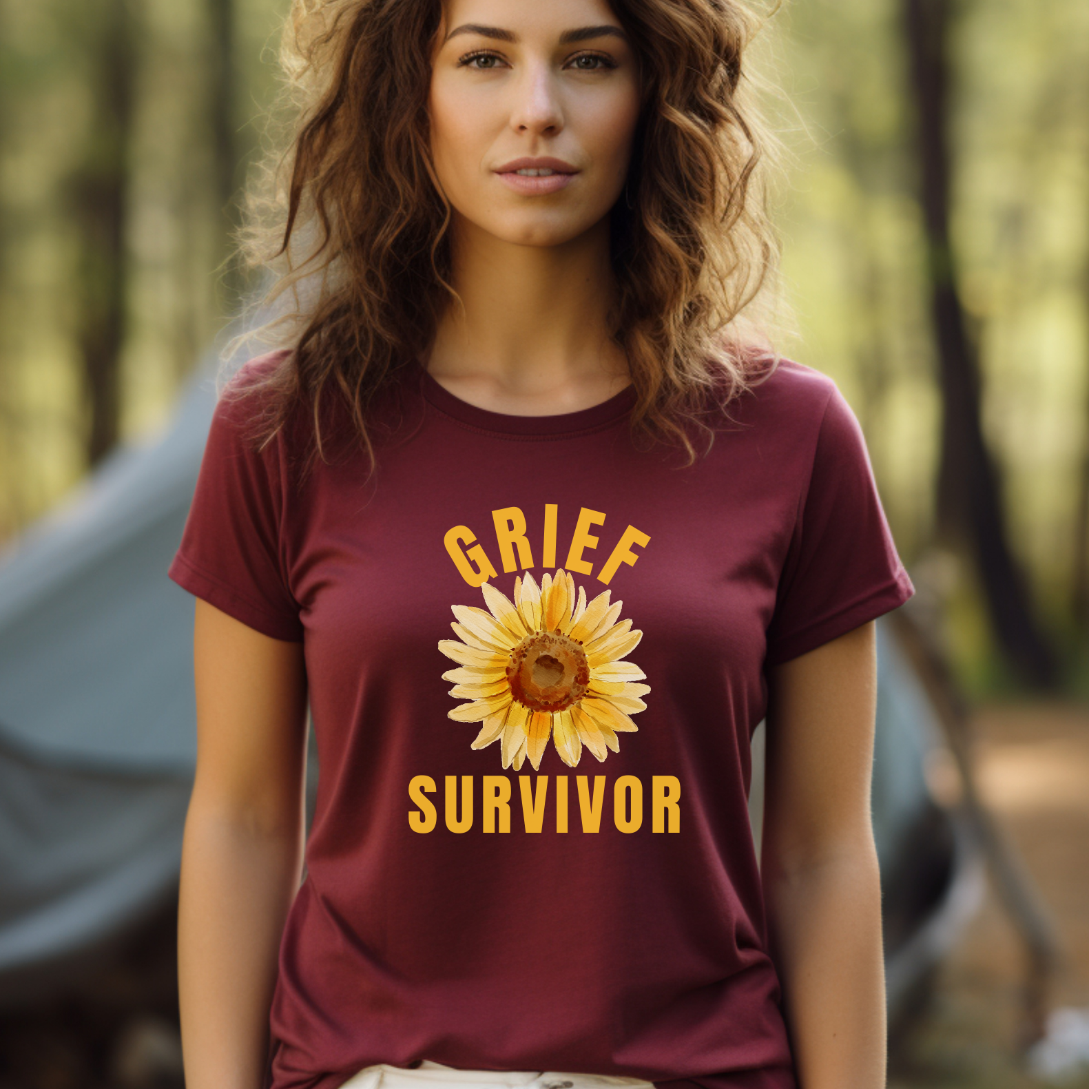 Maroon BC 3001 t-shirt, designed especially for someone in the throes of grief, who feels that most days they are simply surviving. The message conveys this simple truth: surviving is enough for now, and is a first step to healing. 