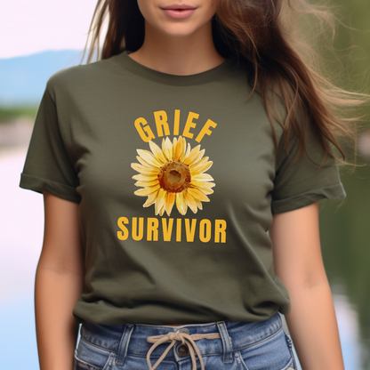 Military Green Grief t-shirt. This shirt is a heartfelt tribute to coping with loss and finding hope in the midst of grief. 