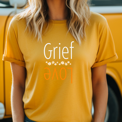 Mustard Bella Canvas tee with the sublte, yet true message, that Grief is tied to love.