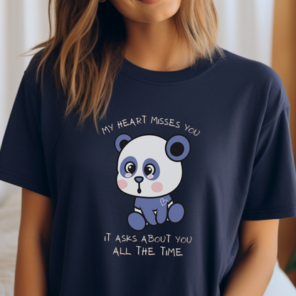 Navy Bella Canvas 3001 Grief t-shirt, featuring a crying teddy bear and the message: "My Heart Misses You. It Asks About You All The Time." Cherish the timeless bond of love