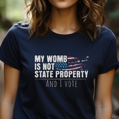 My Womb Is Not State Property t-shirt in color Navy. This tee makes a perfect gift for a feminist friend, protest or rally group, or women's rights meeting organizers