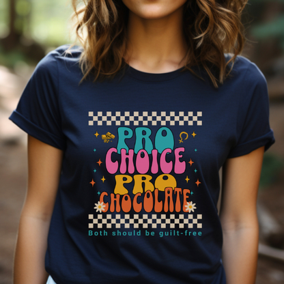 Classic navy t-shirt with a bold pro-choice message, using a retro design to capture the essence of the 70's, when women finally earned the right to privacy and choice.  Don't give your hard-earned rights. Speak up with your voice and through your fashion.