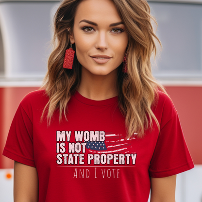 Bella Canvas 3001 T-shirt in Red with "My Womb Is Not State Property and I Vote" message with an American flag. 