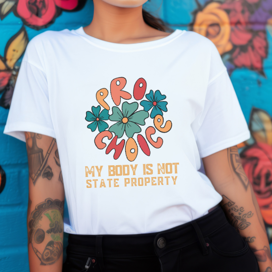 It's hard to beat a simple white Bella Canvas 3001 tee with a strong and bold statement in favor of women's reproductive rights. Your body is NOT state property. You deserve to retain the 'right to choose' your mothers and grandmothers fought so hard to acquire. 