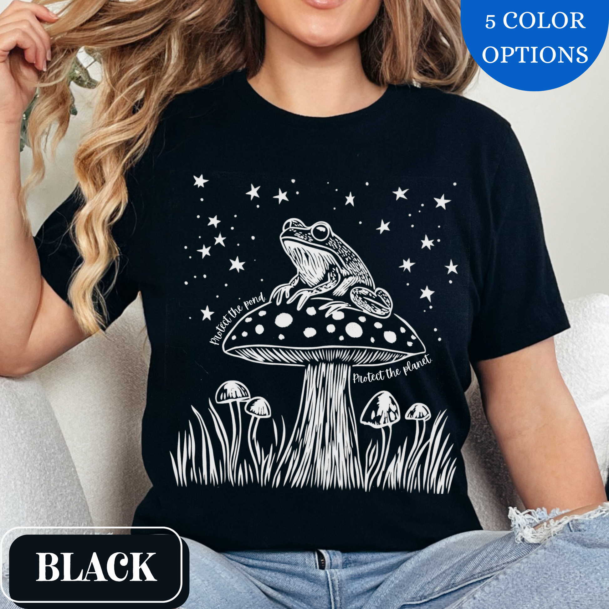 Black Bella Canvas 3001 T-shirt with a large frog core graphic and starry night sky. It says "Protect the pond, protect the planet" - perfect gift for the amphibian lover, weirdcore environmentalist in your life.