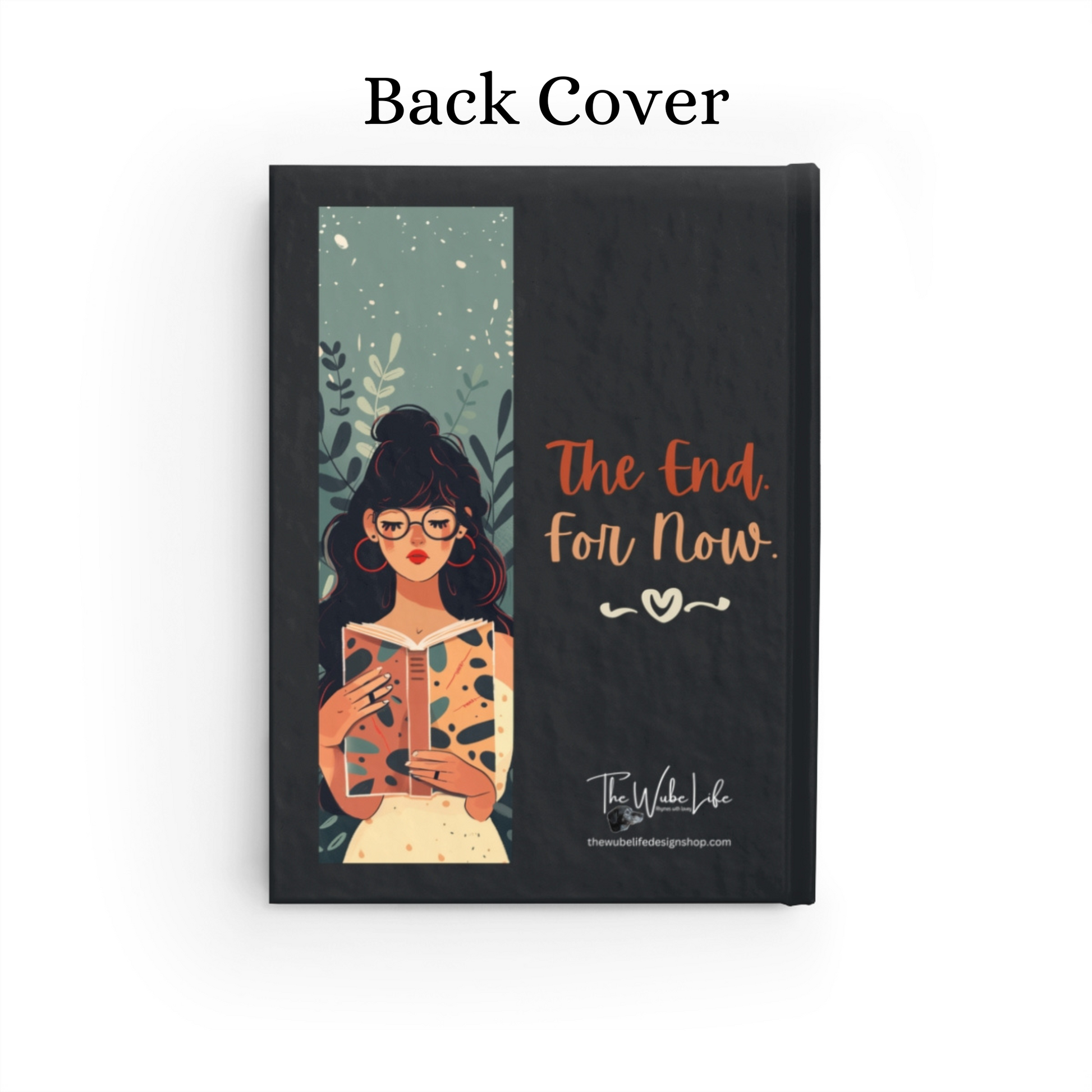 Back Cover - Black hardcover journal with a cute girl reading and nature/flower background that says "Well Read." Perfect gift for English major, bookish student, avid reader, Librarian, English or Reading Teacher. 