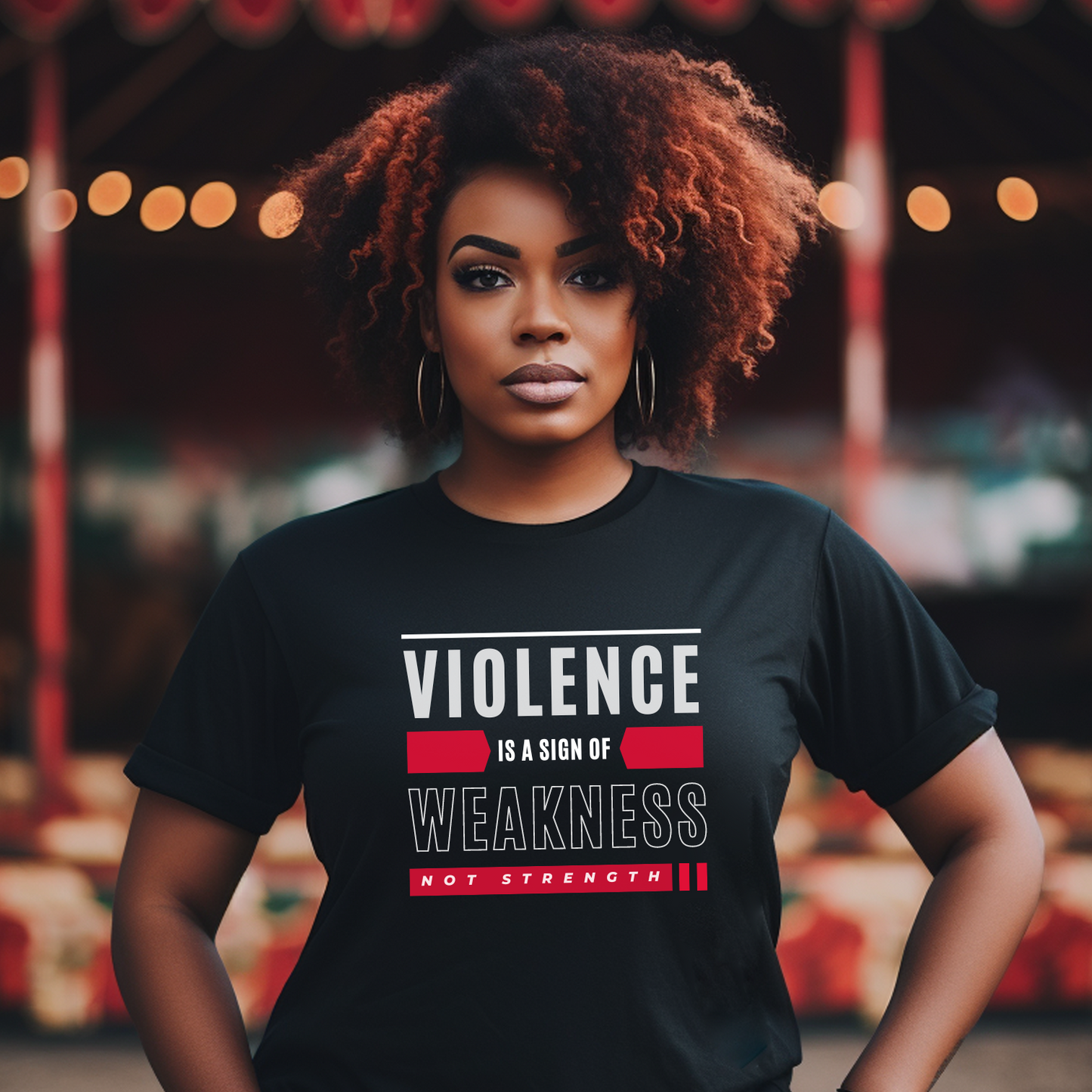 Black Bella Canvas 3001 women's tee with a powerful message: Violence is a sign of weakness, not strength. 