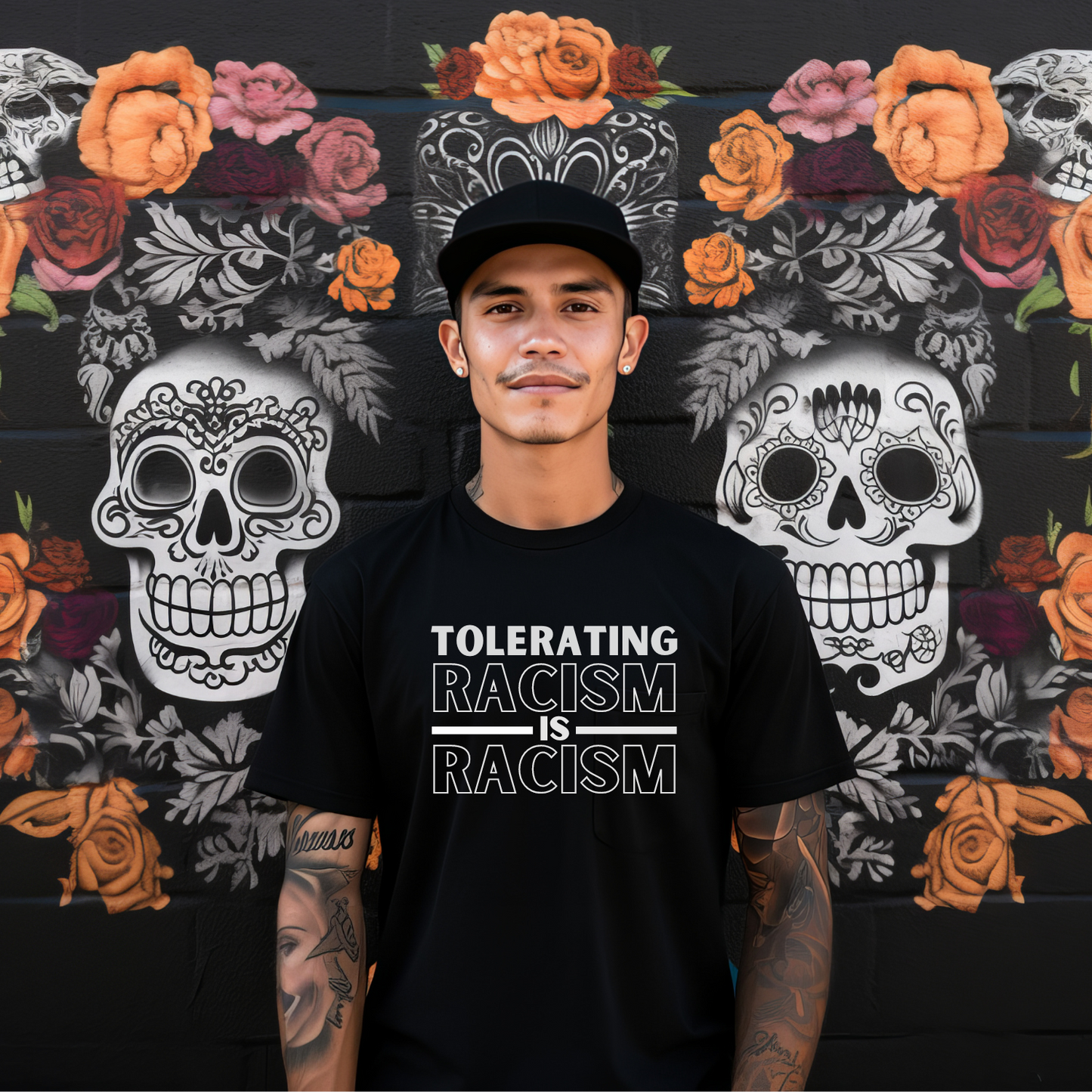 Impactful t-shirt to spread a message of resistance against discrimination - "tolerating racism is racism". Bella Canvas 3001 tee in black.