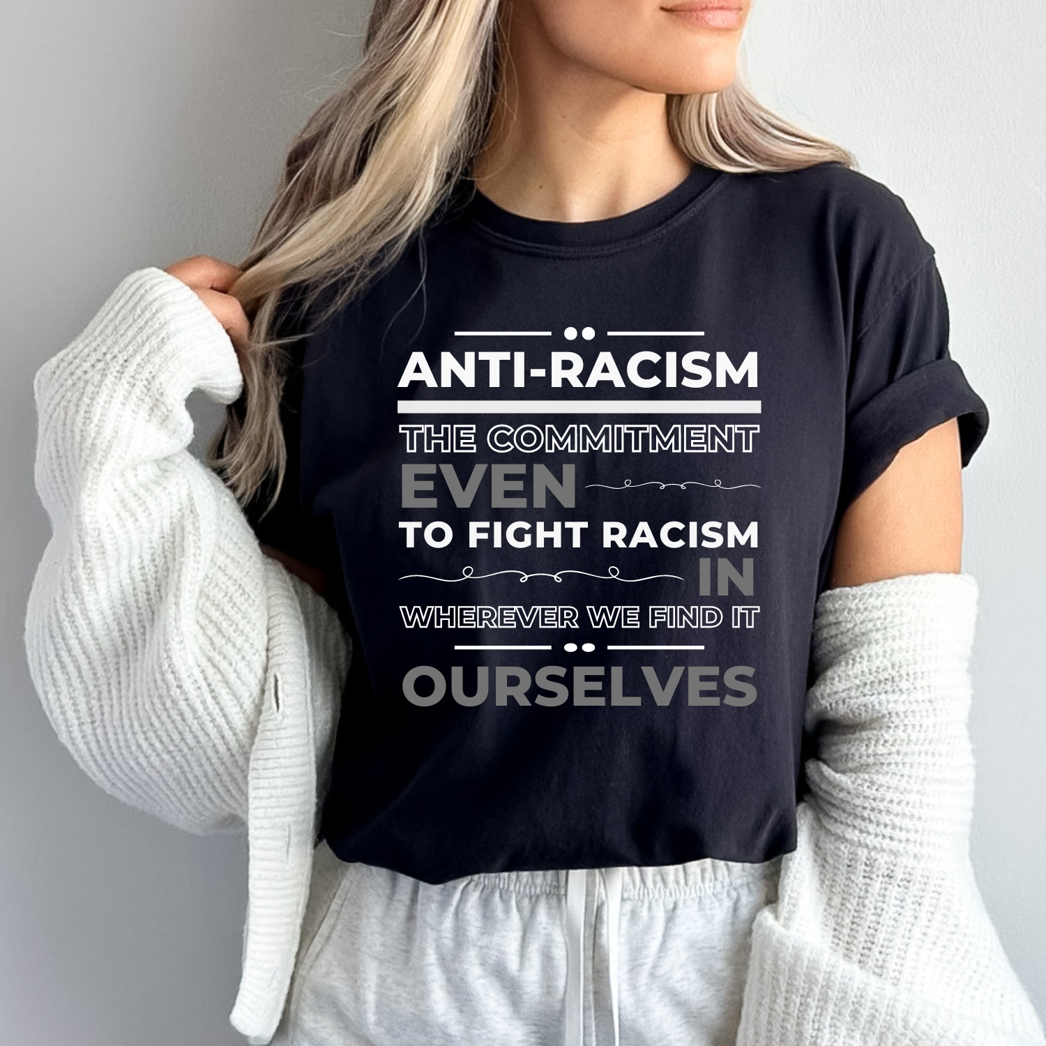 Your voice can make a difference. When you step out in this black Comfort Colors women's tee with its anti-racism design, you are showing that you stand for justice and equality.