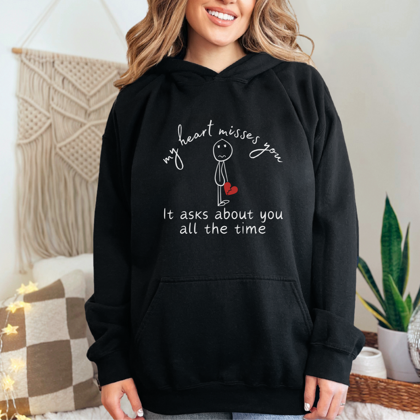 Black Gildan 18500 hoodie sweatshirt. Designed for those who carry their memories in their hearts. Perfect gift for grieving friend "my heart misses you, it asks about you all the time"