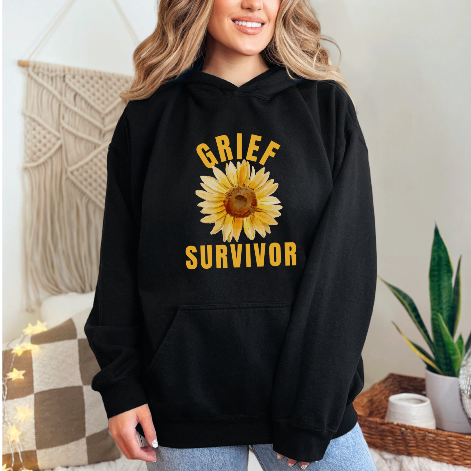 Embrace the warmth and healing comfort in our "Grief Survivor" hoodie sweatshirt in black. The perfect gift for anyone coping with loss - Gildan 18500 hooded sweatshirt.