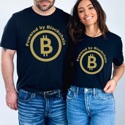 Black unisex Bella Canvas 3001 T-shirt that says "Powered by Blockchain" with a large Bitcoin on it. Makes a perfect couples shirt or gift for men or women in finance, crypto currency investors and supporters of Blockchain technology.