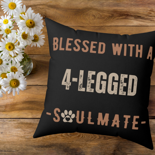 Square, Black pillow that says "Blessed With A 4-Legged Soulmate". A wonderful gift for a pet owner, dog or cat mom, veterinarian's office, vet tech, or animal rescue.