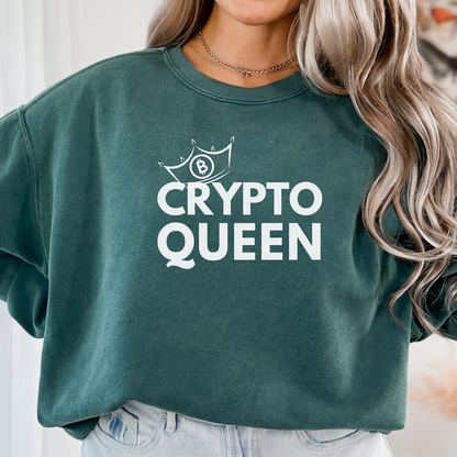 Trendy sweatshirt for tech-savvy women in finance. Comfort Colors 1566 in color blue spruce with Crypto Queen design.