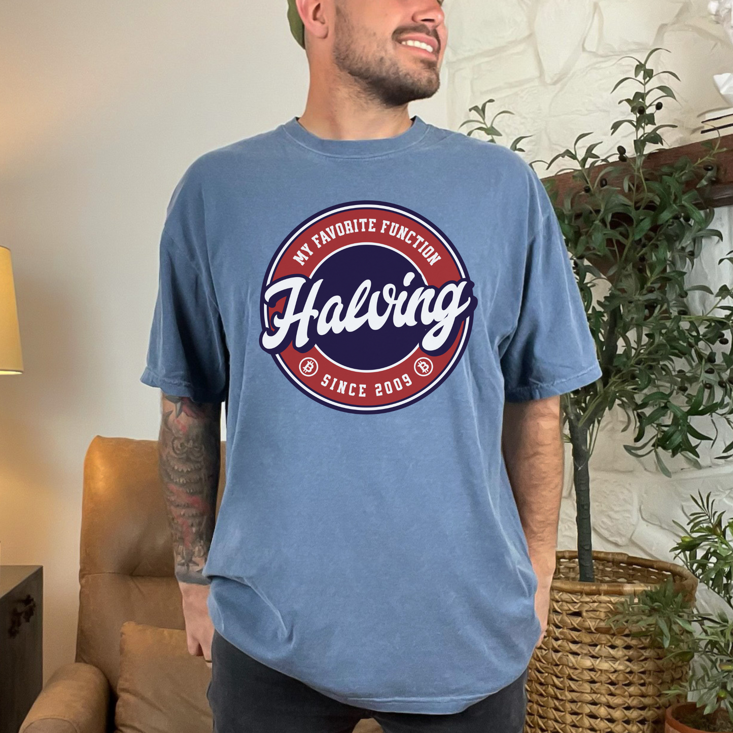 Blue Jean unisex Comfort Colors 1717 T-shirt that says "Halving is my favorite function - since 2009". This t-shirt supports digital currency and the future of banking and blockchain. It makes a great gift for bitcoin enthusiasts, team Saylor investors, and other crypto currency lovers.