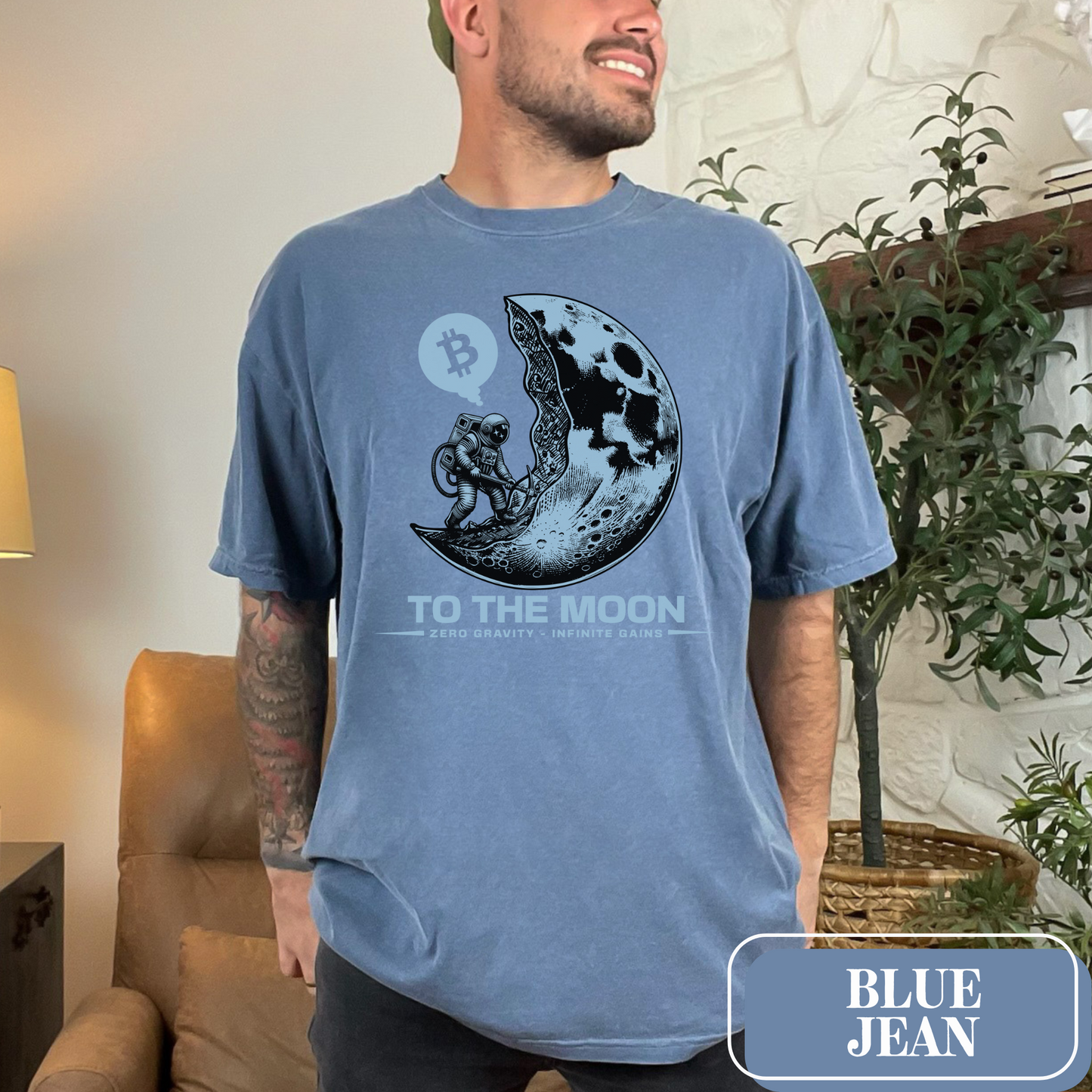 Blue Jean Comfort Colors 1717 T-Shirt with a large, edgy graphic of a moon and someone mining bitcoin. Perfect gift for crypto currency enthusiasts, traders, investors, and BTC lovers.